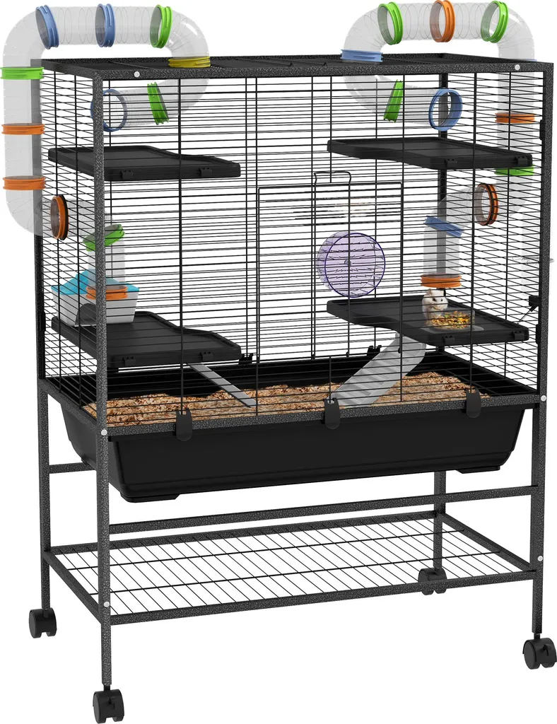 Cage pour hamster PawHut avec tubes et roue - Noir - 109 x 82 x 46 cm