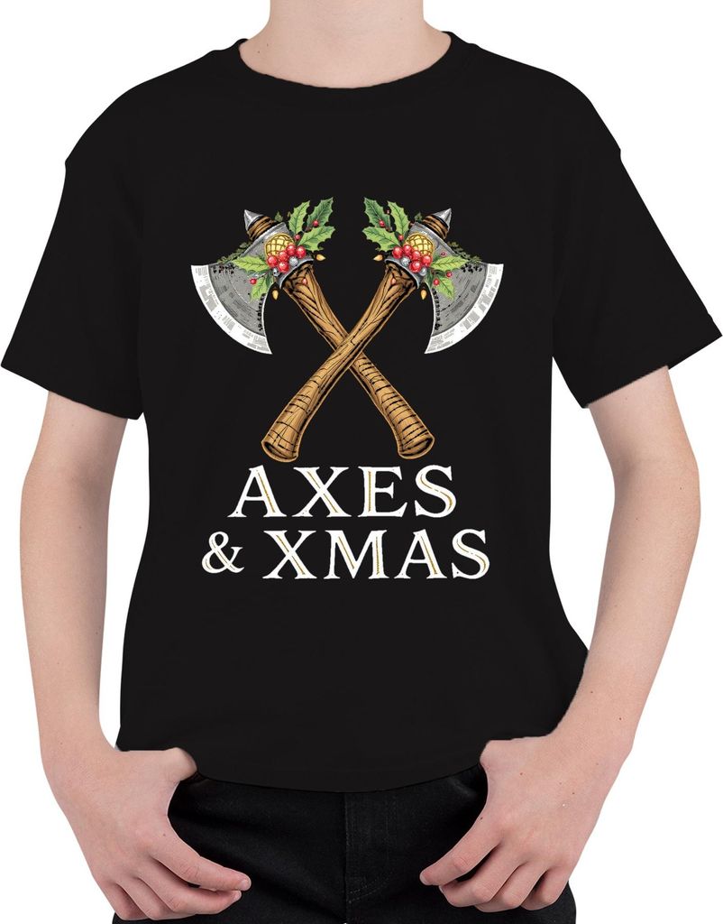 Axes & Xmas Wikinger Axt Weihnachten Geschenk Vintage Uni Kinder T-Shirt, Schwarz, 152