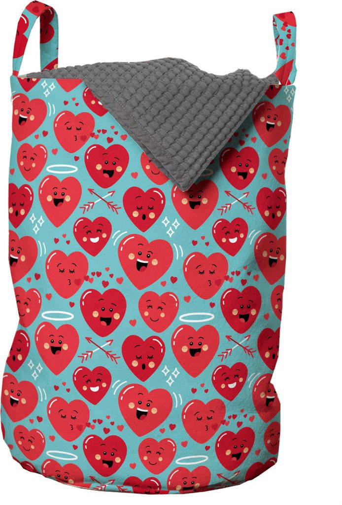 ABAKUHAUS Valentinstag Wäschesack, Lächeln-Herzen, Wäschekorb mit Griffen Kordelzugverschluss für Waschsalons, 33 cm breit x 49 cm hoch, Grau D...