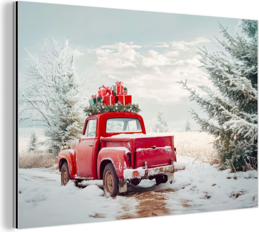 MuchoWow Wanddekoration Metall Metallbild Wandkunst 60x40 cm Auto - Rot - Geschenke - Winter - Schnee - Weihnachten MuchoWow Aluminium Gemälde - G...