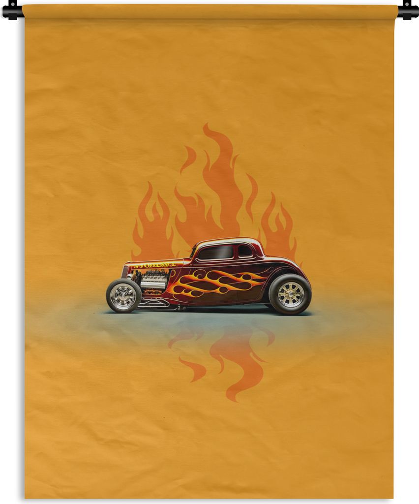 MuchoWow Wandteppich Wandbehang Auto - Flammen - Rot - Vintage 150x200 cm Tapisserie Dekoration Wandtuch - Wandaufhängung - Moderner