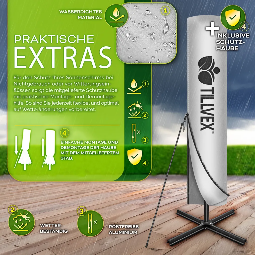 tillvex® Ombrellone in alluminio rettangolare Ø 330 cm grigio + copertura con manovella | Ombrellone quadrato con supporto e parabrezza | Ombrellone da giardino in alluminio con protezione UV | Ombrellone a manovella impermeabile ruotabile a 360 gradi - 5