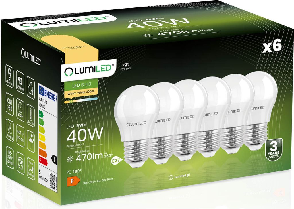 LUMILED LED žárovky E27 P45 5W nahrazují 40W žárovku 6 kusů Obrázek produktu 