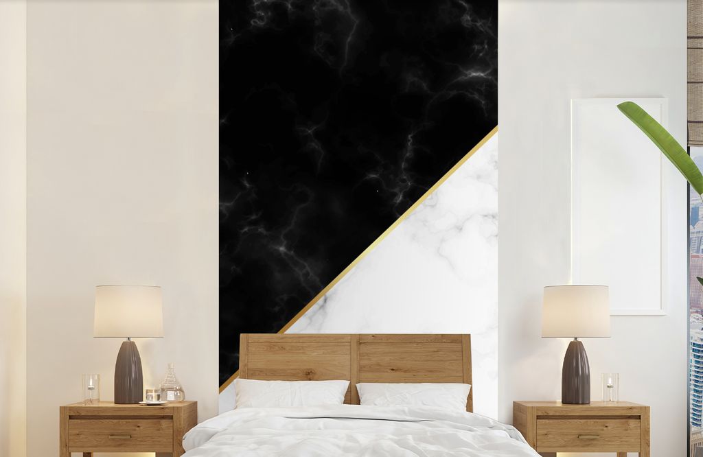MuchoWow Fototapete für Wohnzimmer oder Schlafzimmer Wandtapete Vinyl Motivtapete Marmor - Weiß - Schwarz - Gold - 120x240 cm - Hintergrundbild