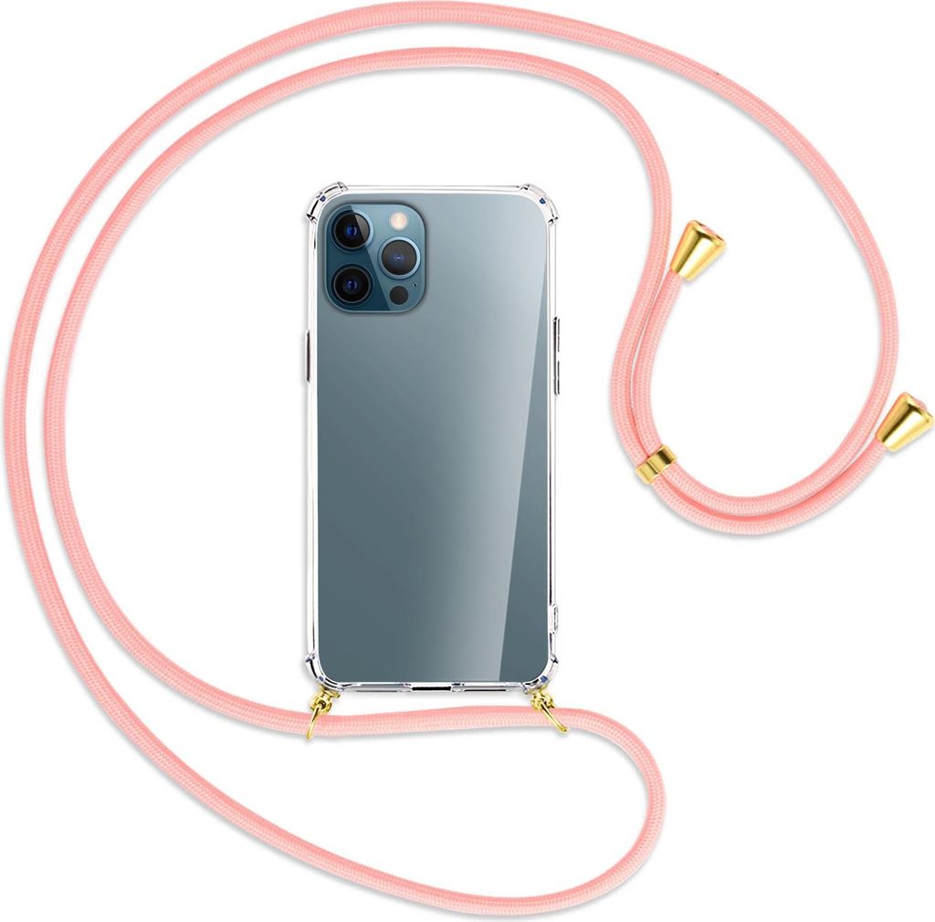 Handykette Backcover-Schutzhülle mit Band (Metall goldfarben) für Apple iPhone 12 Pro Max - rosa