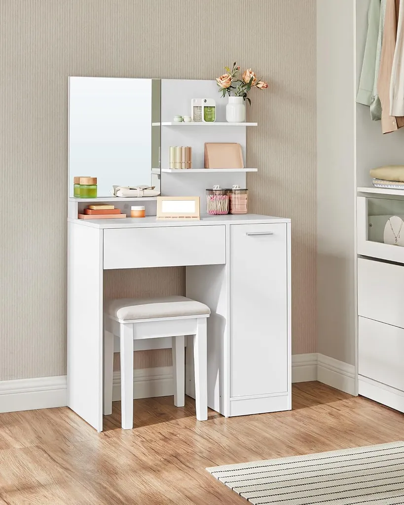 VASAGLE Coiffeuse avec Miroir Blanc, 1 Tiroir et 2 Étagères - Modèle RDT