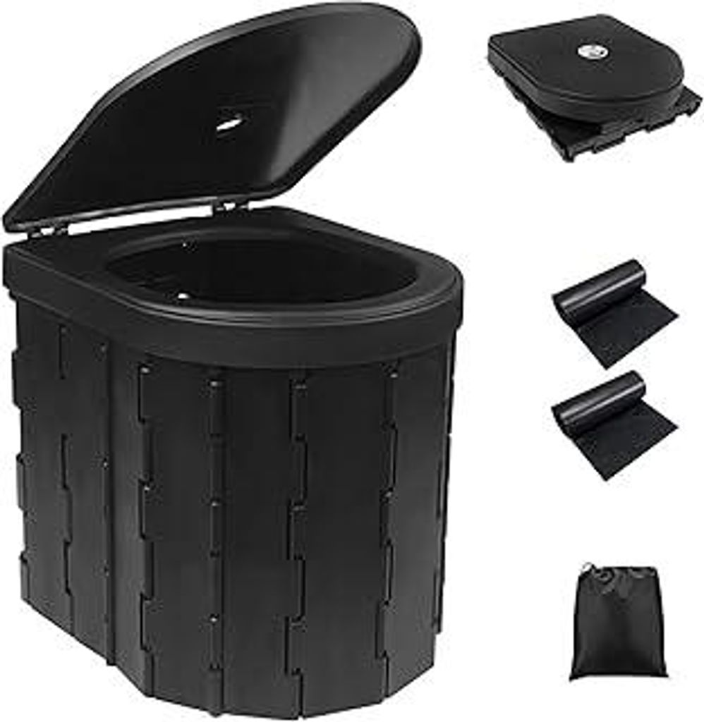 Fousenuk Campingtoilette Schwarz, Camping WC Faltbar mit 2 rollen Biologisch Abbaubaren Müllbeutel, Camping Toilette Mobile Notfall Trockentoilett...