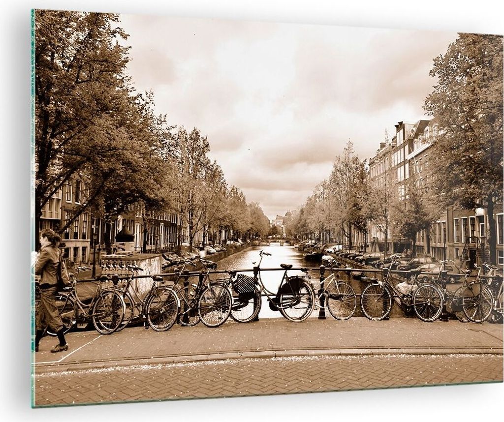 Bilder auf glas - Kanal Fahrräder Amsterdam Zentrum - 70x50cm - Glasbilder - Wandbilder - Kunstdruck - zum Aufhängen bereit - Wanddekoration aus ...