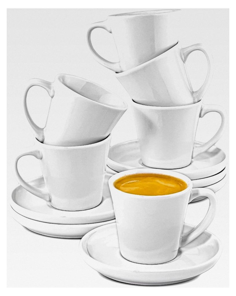 Espressotassen Set Weiß Keramik 6 Stück - Mit Untertassen - Stapelbares Design - Hält Lange Warm - Geschenkbox - 70ml