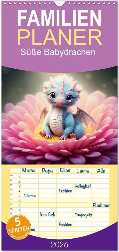 Familienplaner 2026 - Süße Babydrachen mit 5 Spalten (Wandkalender, 21 x 45 cm) CALVENDO