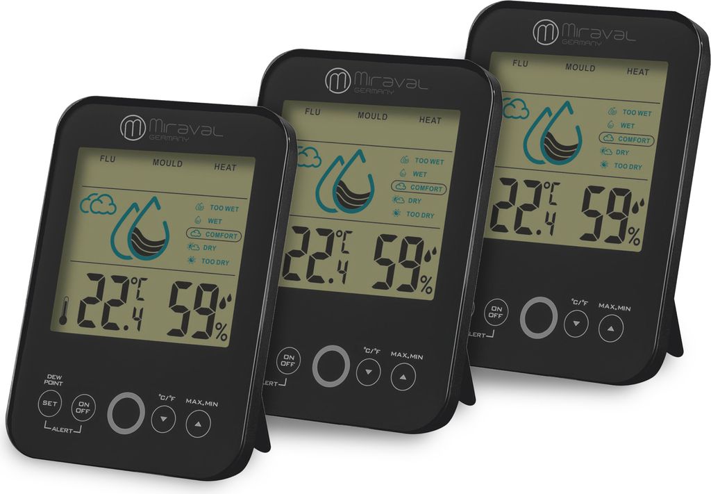 Three black digital weather stations are displayed side-by-side on a white background.