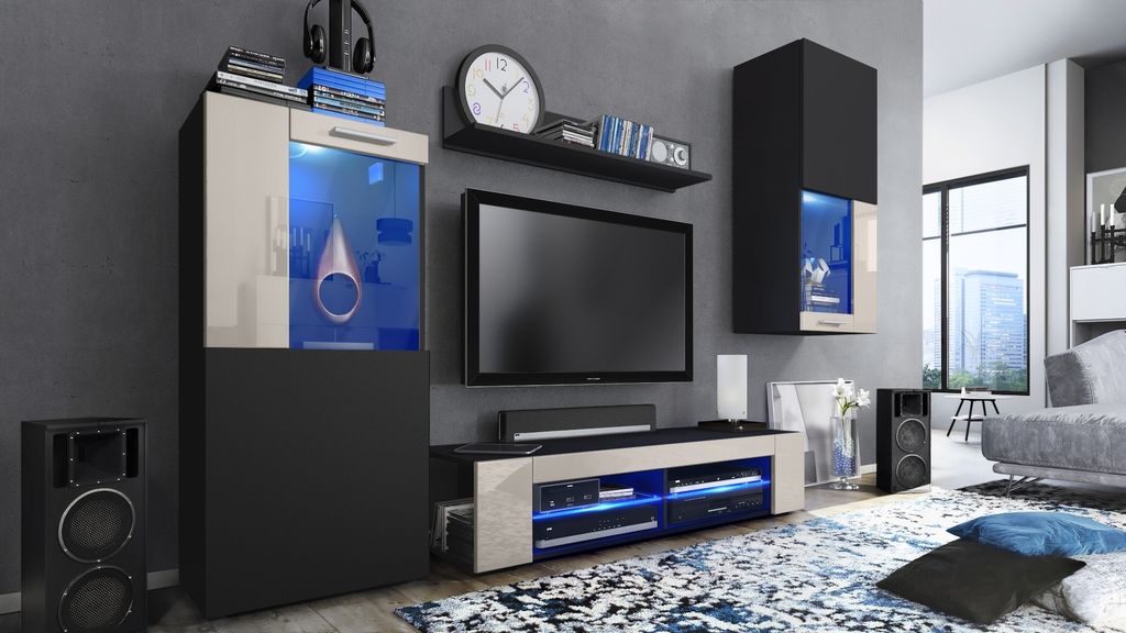Vladon Wohnwand Movie, Anbauwand bestehend aus 1 TV-Board, 2 Vitrinen und 1 Regal, Schwarz matt/Schwarz matt/Sandgrau Hochglanz, inkl. LED-Beleucht...
