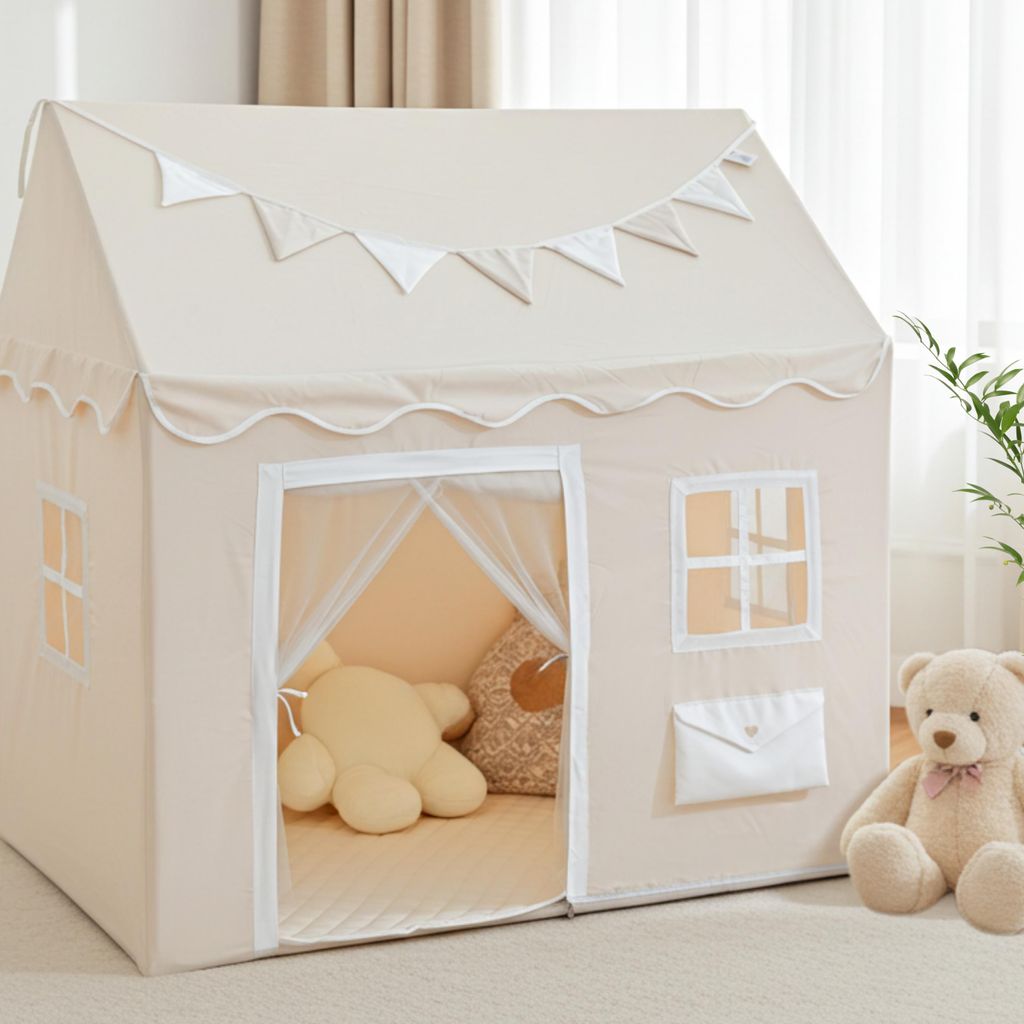 LIONHERZ Spielhaus mit Briefkasten für Kinder | Indoor Spielzelt inkl. Matte und Wimpelkette (Cremeweiß)