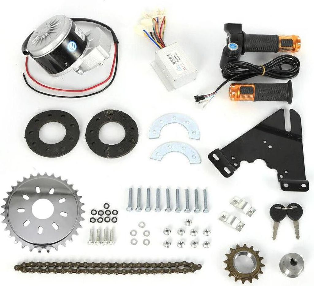 E-Bike Umbausatz - 36V 350W seitlich montierter Motor - Linker Antrieb - Bürstenmotor - Nabendurchmesser < 36 mm - Drehgasgriff - Schwarz