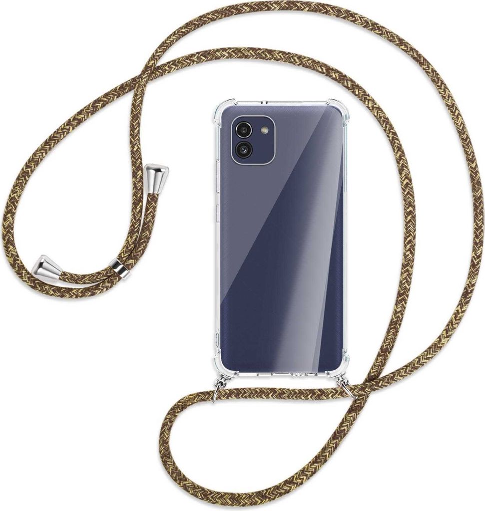 Handykette Backcover-Schutzhülle mit Band (Metall silberfarben) für Samsung Galaxy A03 4G - braun+beige