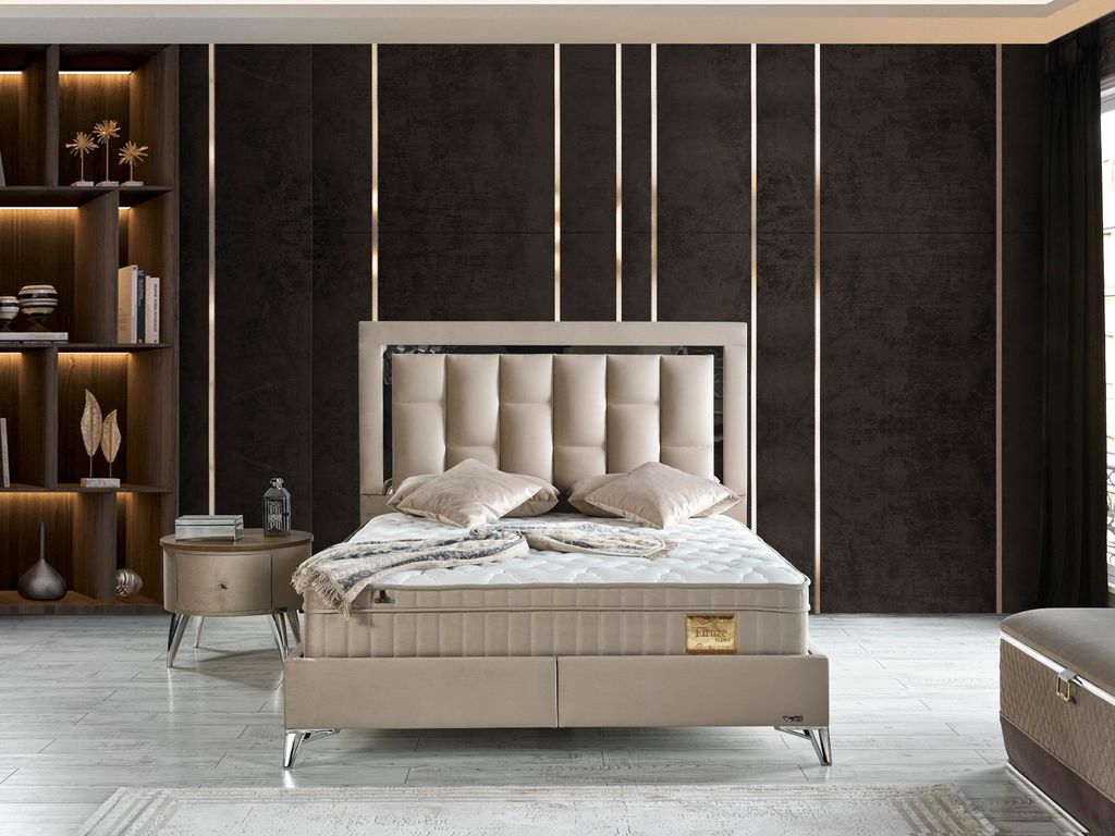 Schlafzimmer-Set "Tiva" – Bett mit Bettkasten und Matratze , Nachttisch, Bettbank-Beige