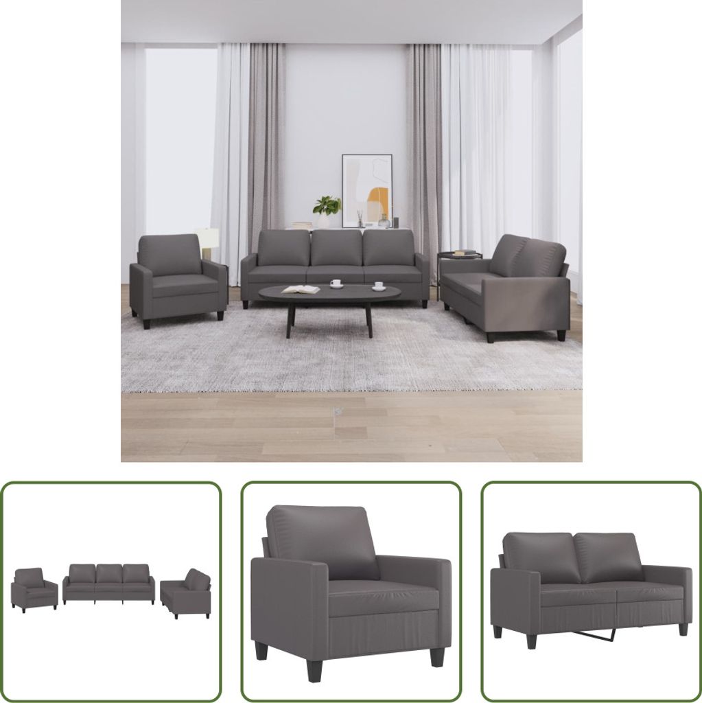 The Living Store 3-tlg. Sofagarnitur mit Kissen Grau Kunstleder