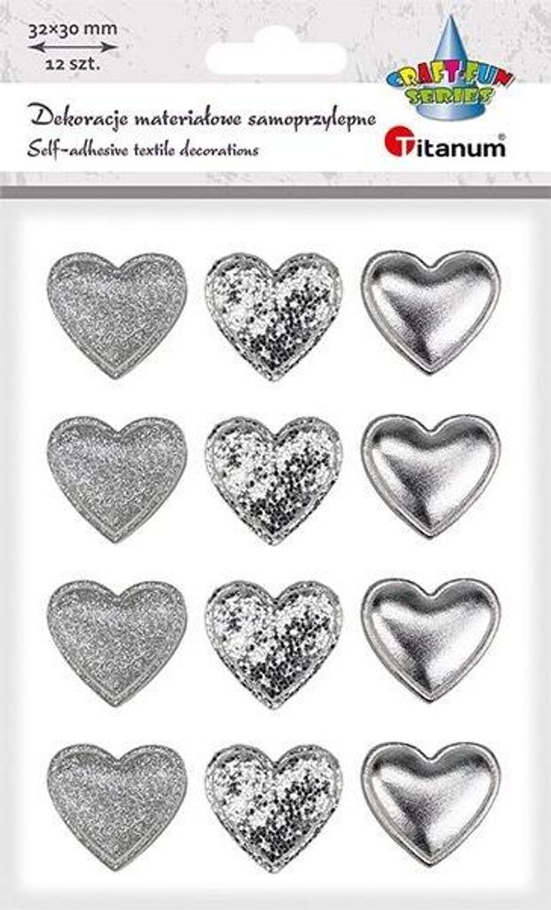 Selbstklebende Stoffdekorationen Herzen silber 32x30mm 12 Stück Titanum