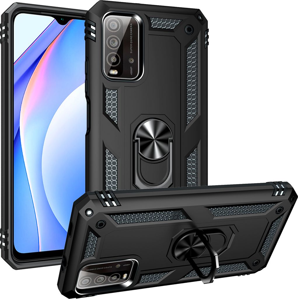 LaimTop Schutzhülle für XXiaomi Poco M3 / Redmi 9T / Redmi 9 Power, Dual Layer Robust Militäre Fallschutz Hülle mit Ringhalterung Ständer Schwarz