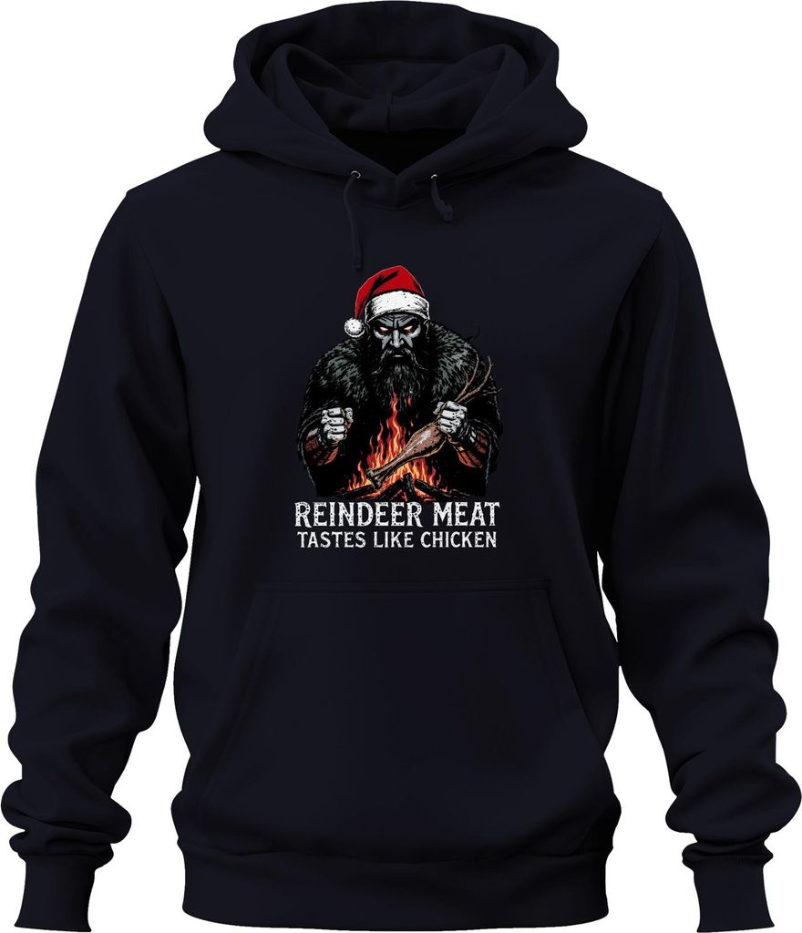 REINDEER MEAT TASTES LIKE CHICKEN Weihnachtsmann düster Vintage Uni Hoodie Kapuzenpullover, Navy, XXL