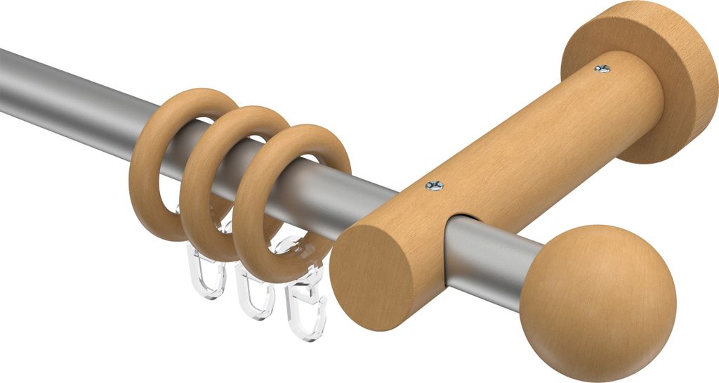 Interdeco Gardinenstange / Vorhangstange Silbergrau / Buche lackiert, Typ Talena Luina (Kugel), 20 mm Ø 1-läufig, 360 cm