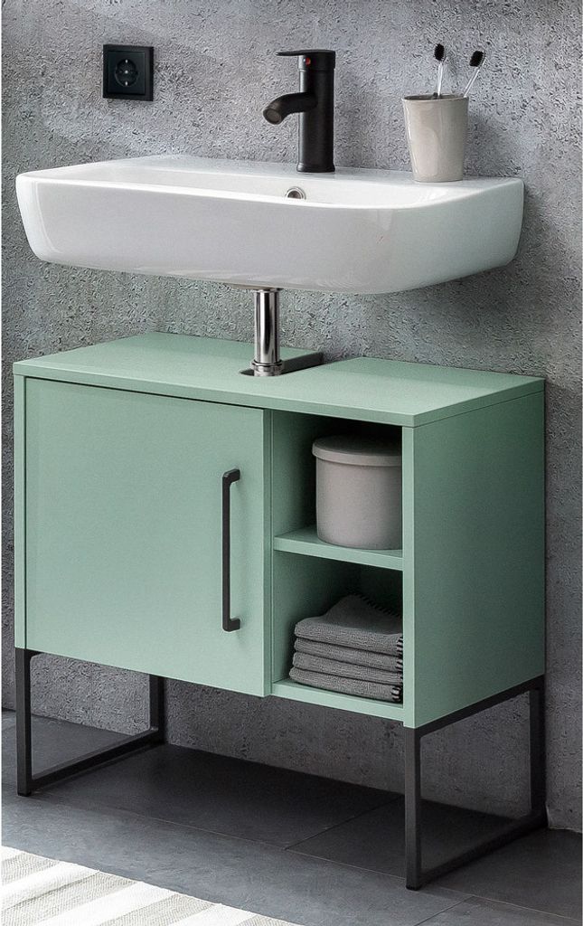 Waschtischunterschrank Badezimmer LIMOGES-80 in Mintgrün mit Kufengestell, B/H/T: 60,4/59,5/33 cm
