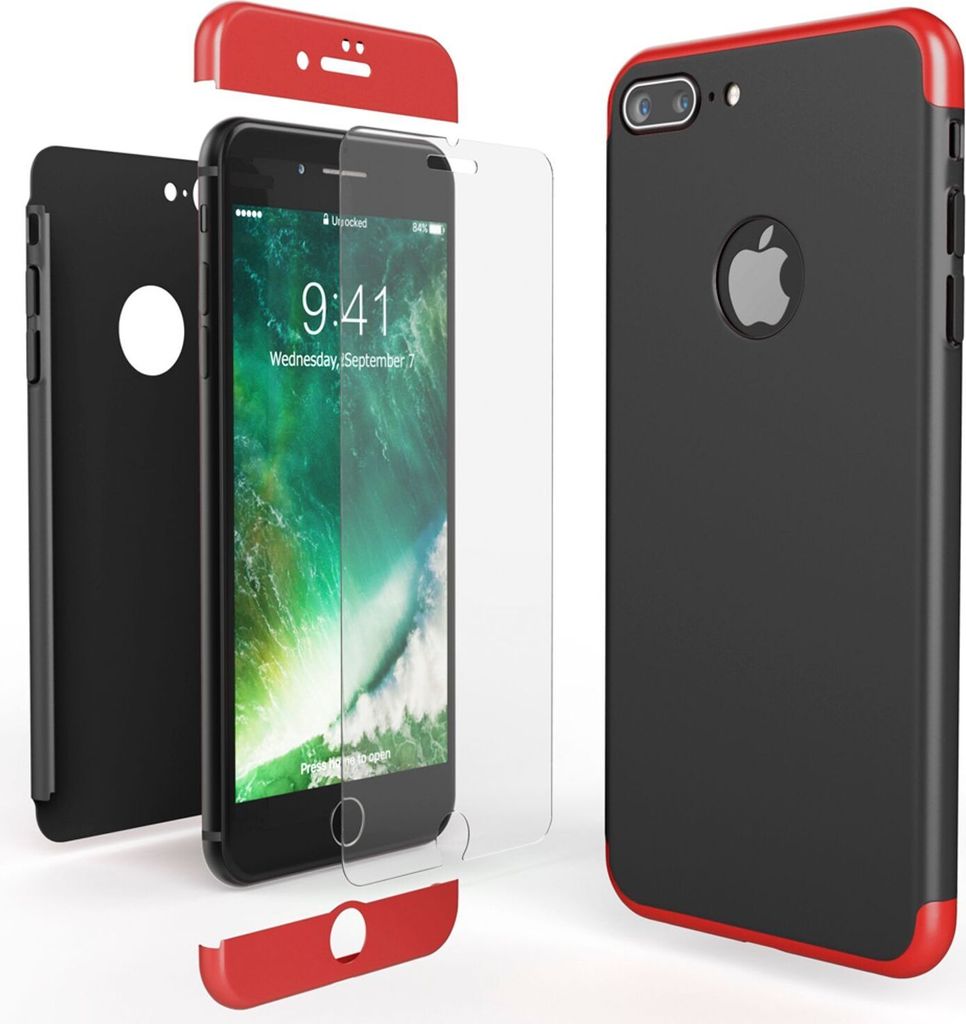 Apple iPhone 7 Plus Rundum Handy Hülle mit Displayschutz von NALIA, 360° Case Rot Schwarz