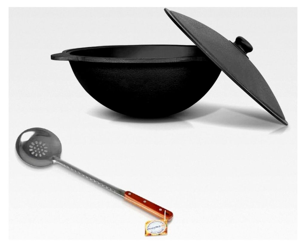Gusseisen Kazan 10 L mit Aluminiumdeckel und Schaumlöffel für Plov, 48 cm Kochtopf WOK