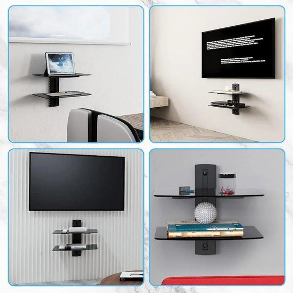 Support Mural TV avec Double Tablette en Verre Noir Réglable JustValue - 6