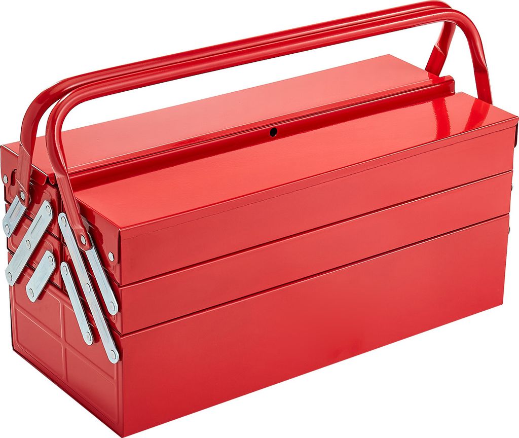 A red metal toolbox with multiple compartments and a handle is shown against a white background.