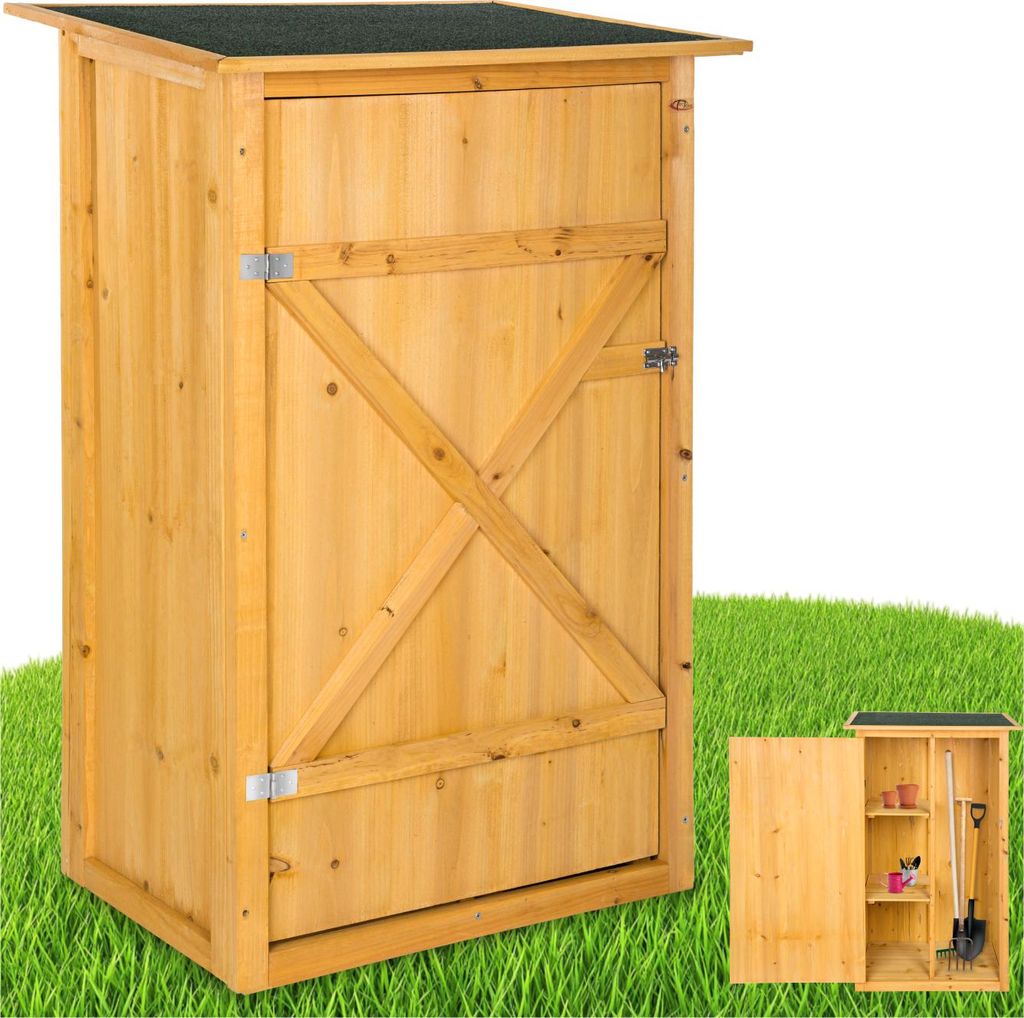 A wooden garden shed with its door open, showing shelves and tools inside, set against a green grassy background.