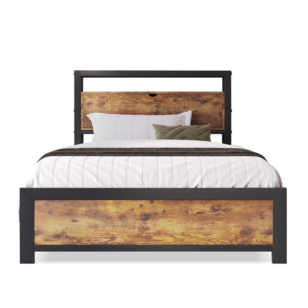 Bettgestell mit Stauraum-Kopfteil und Metall Lattenrost Eisenrahmenbett Jugendbetten Einzelbett für Erwachsene Kinder Jugendliche 90x200cm Schwarz
