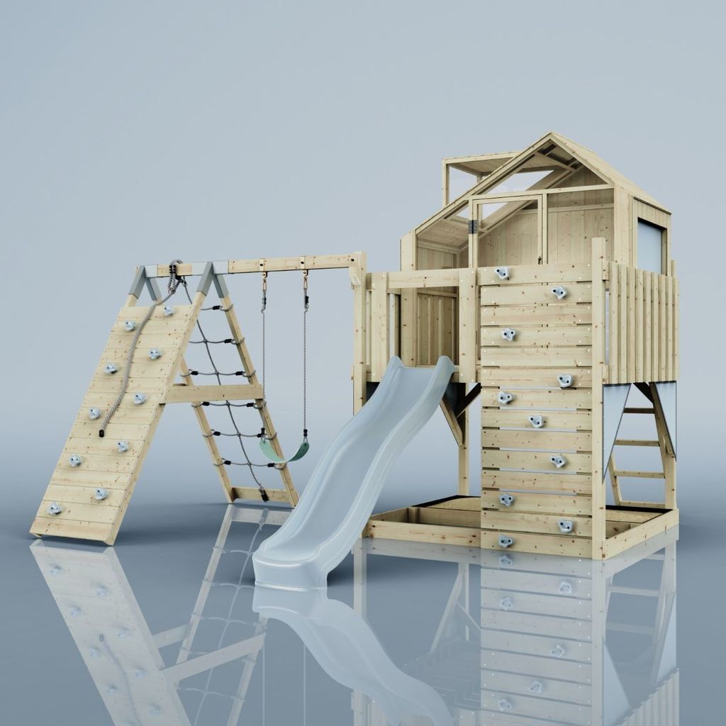 OutdoorToys Outdoor Spielturm mit Wellenrutsche, Spielhaus aus Holz mit Kletterwand, Kletternetz, Ausführung: Kinderschaukel, Farbe: Eisblau, mit ...