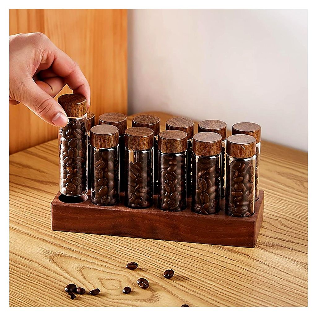 Walnuss Massivholzsockel für Kaffeedosen mit 12 Röhren zur Aufbewahrung von Kaffeebohnen, Glasfläschchen mit Deckeln und Behälter-Displayständer