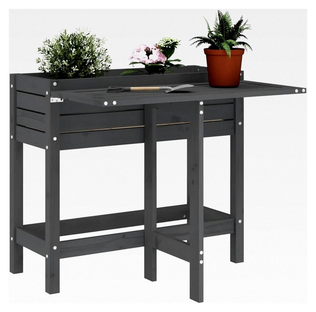 Pflanzkasten mit klappbarer Tischplatte in Grau aus massivem Kiefernholz, großes Pflanzbeet für Blumen im Garten, auf dem Balkon, der Terrasse od...