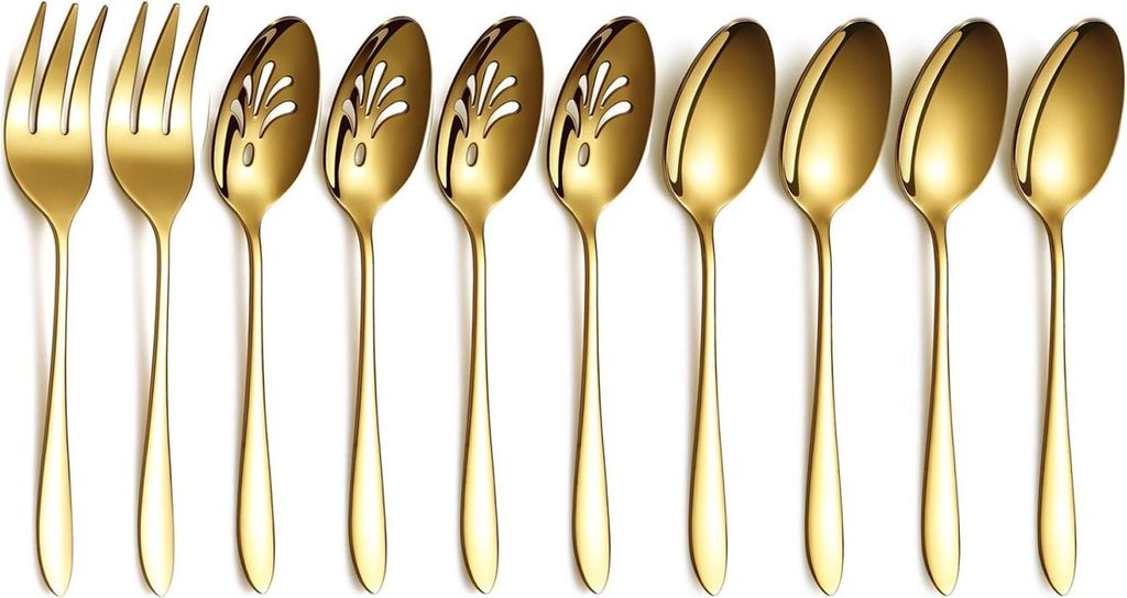 Gold 10-teiliges Servierset Besteckset, Servierschale aus rostfreiem Stahl, mit Schlitzservierlöffel, Servierlöffel, Serviergabel