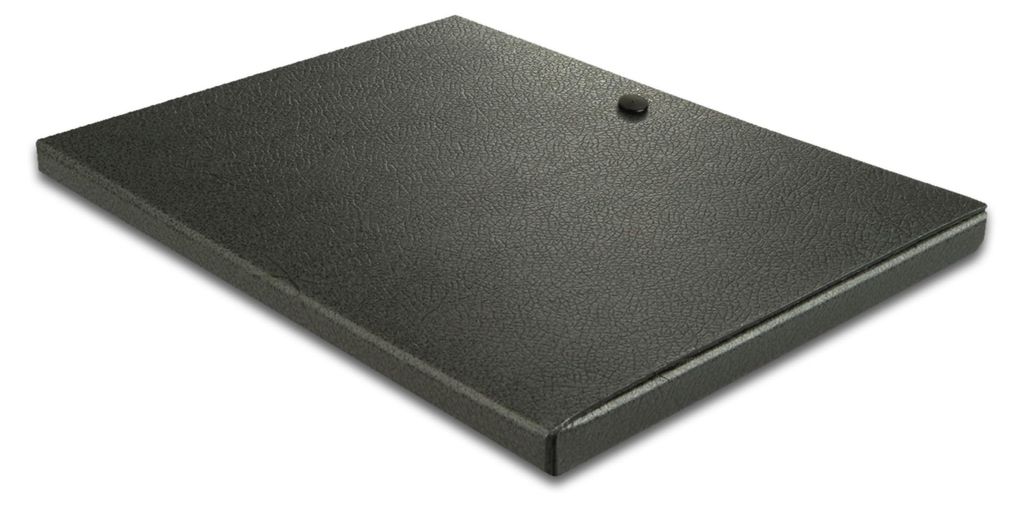 Dokumentenbox aus Hartfaserplatte mit 3 Klappen und einem 1 cm Druckkopf, schwarz.
