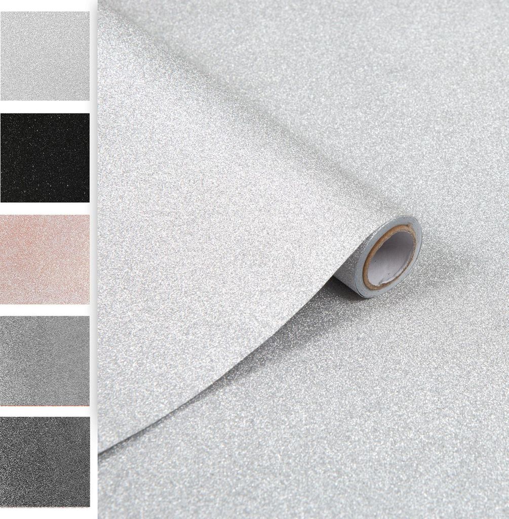 DecoMeister Klebefolien mit Glitter – Schimmernder Brokat - Selbstklebende Möbelfolie - Glitzernde Selbstklebefolie - 45x150 cm Glitzer Silber