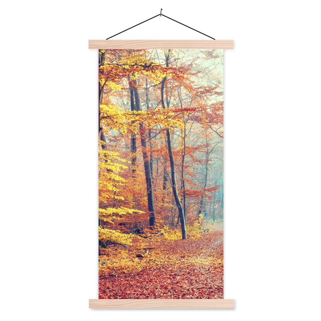 MuchoWow Textilposter Wald - Herbst - Laub 60x120 cm mit holzfarbenen Rahmen - Holz