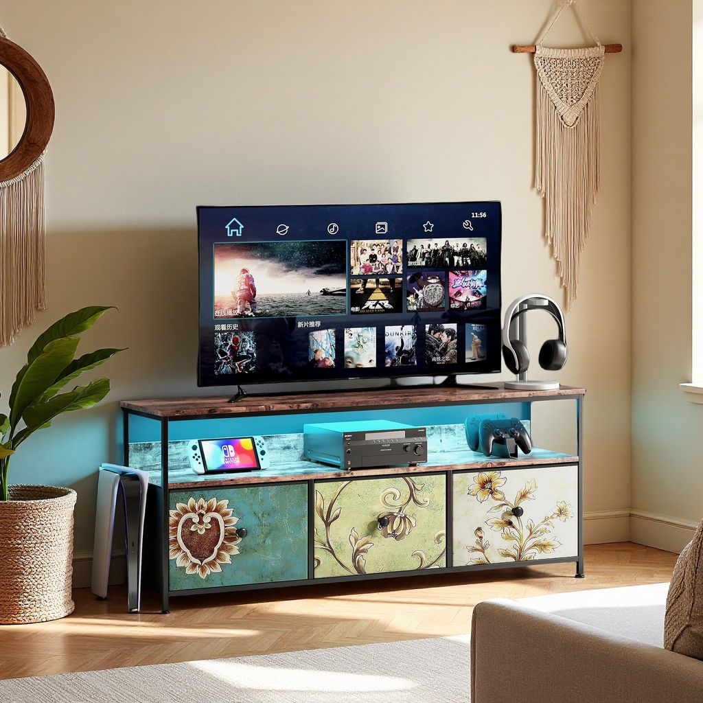 137 cm hoher TV-Ständer mit LED-Beleuchtung, Tischplatte in Tigerholzoptik, 4 farbenfrohen Stoffschubladen, Metallgestell, modernem Stauraum und v...