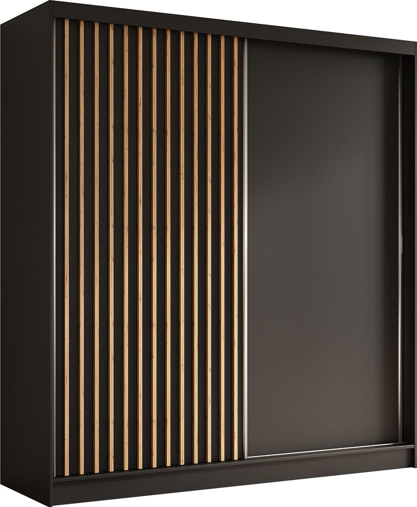 200 cm Kleiderschrank Erika mit Lamellen ohne Spiegel inklusive 2 Schiebetüren Schwebetürenschrank (Farbe: schwarz, schwarz, Lamelle Artisan)