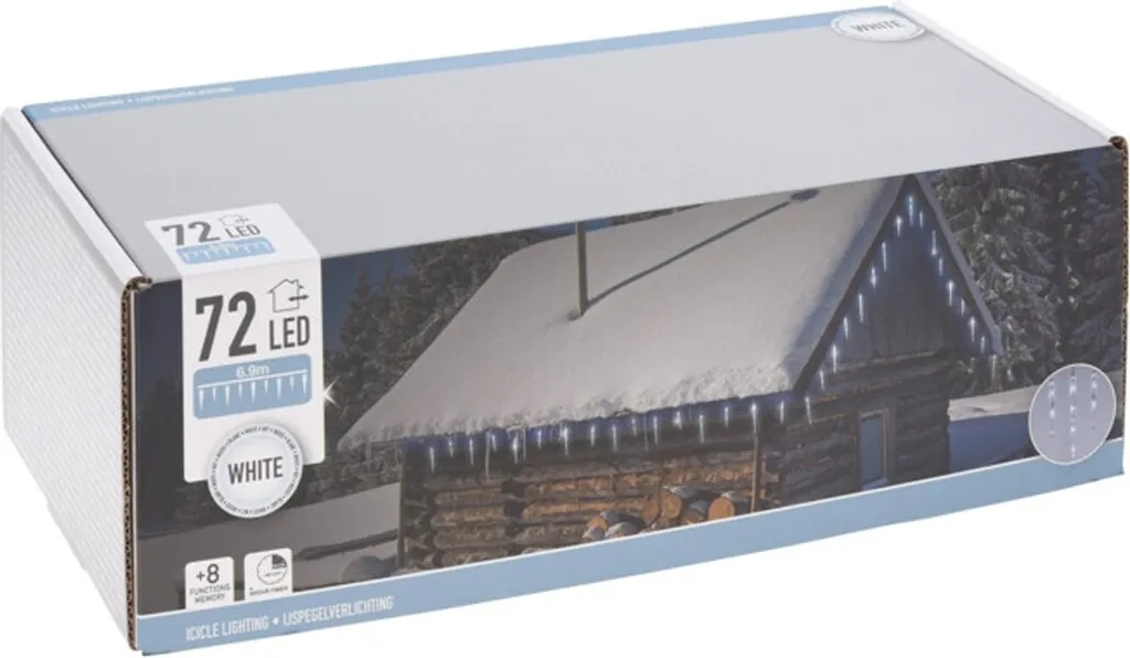 Rideau lumineux stalactite 72 LED blanc froid minuterie pour extérieur