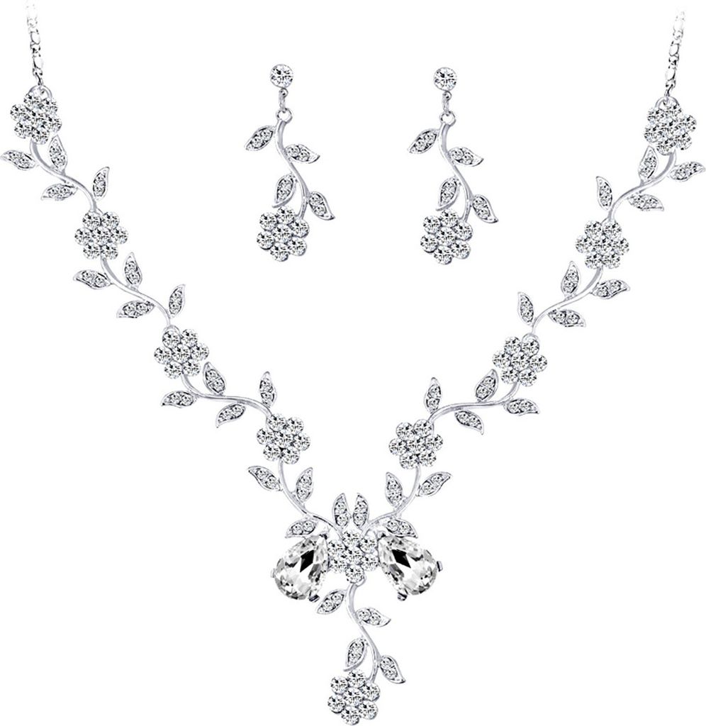 Halsketten-Ohrring-Set, Strass-Dekor, Blumenform, ausgehöhlt, verstellbare Hängeohrringe, hochwertiger Brautschmuck, Hochzeitsparty, Abschlussbal...