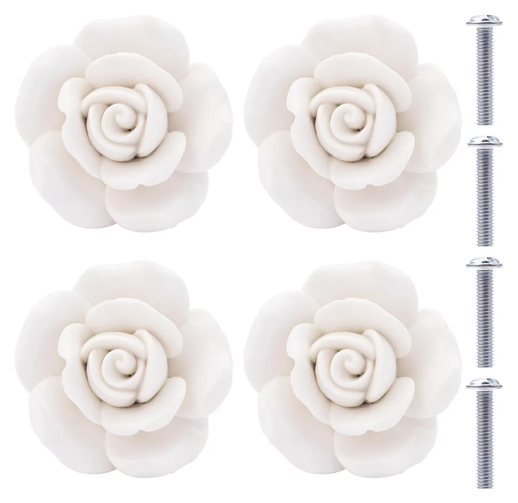 Lot de 4 boutons de porte en porcelaine blanche décor rose pour commode