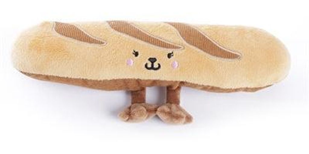 Hundekuscheltier Baguette-Form aus recyceltem RPET-Stoff mit Quietscher & Raschelpapier, 31x7,5x5 cm