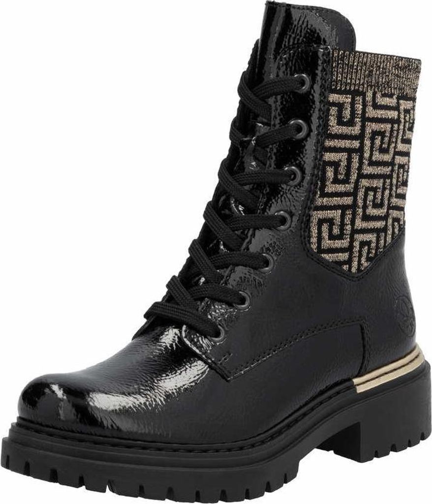 A black lace-up boot with a patterned cuff and gold trim.