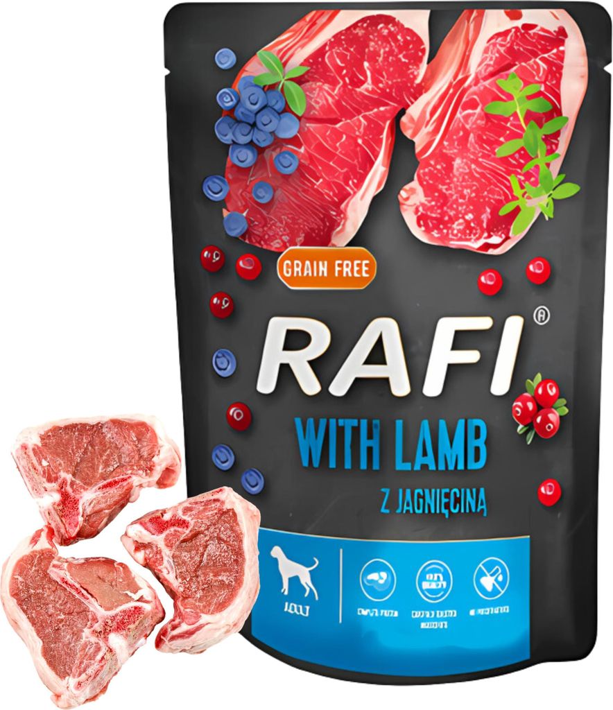 A bag of dog food with raw lamb chops next to it.
