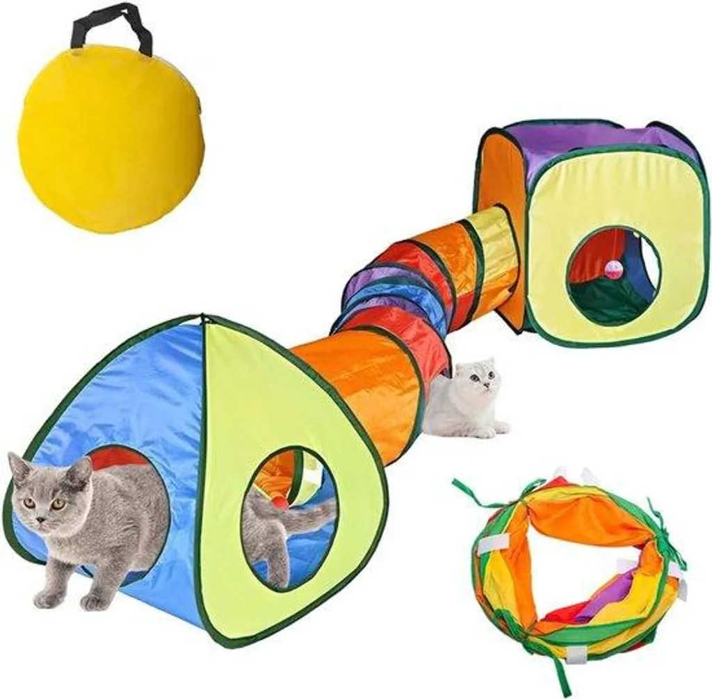 Tunnel de jeu pour chat arc-en-ciel 3 branches pliable et compact