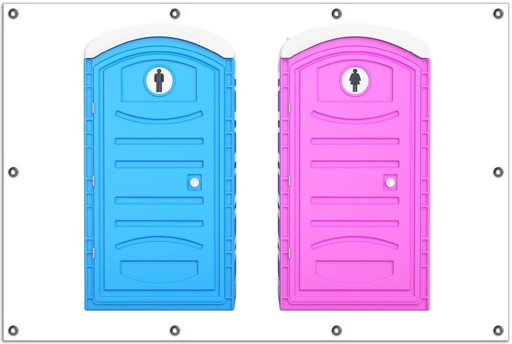 Wallario Outdoor-Poster für Garten oder Balkon, Motiv Klo-Häuschen blau und pink Herren und Damen nebeneinander, in ca. 100 x 150 cm
