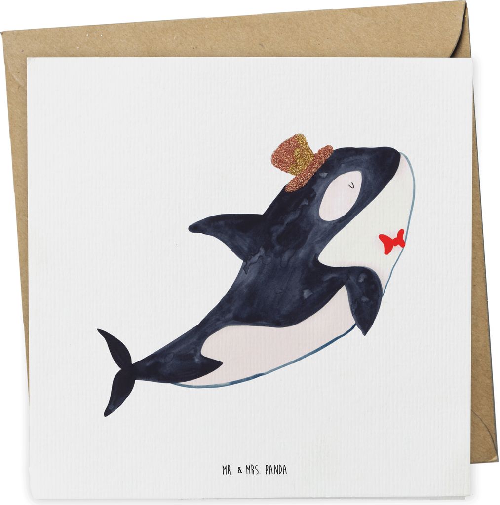 Mr. & Mrs. Panda Grußkarte Orca Zylinder - Weiß - Geschenk, doppelkarte, Glückwunschkarte, Geburtstag, Fest, Fete, faltkarte, Klappkarte, anlass...